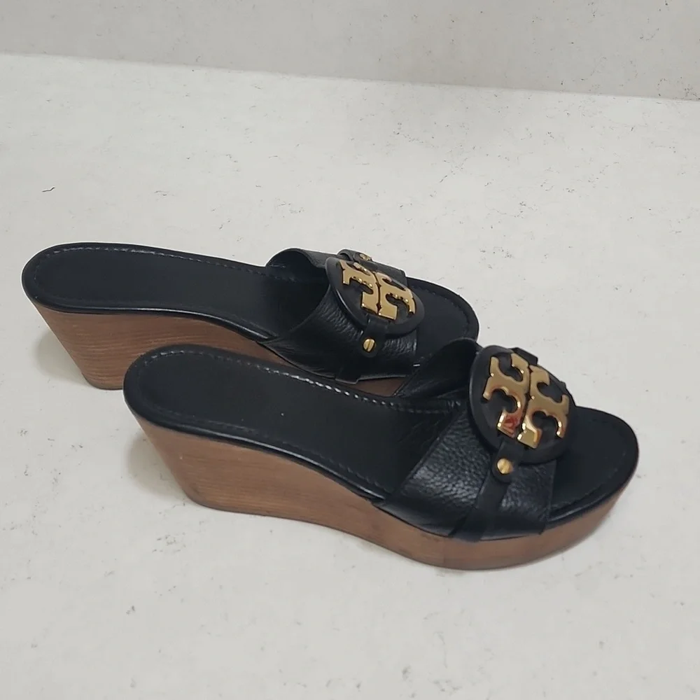 Tory Burch Black Wedges with Gold Logo - Picture 6 of 6